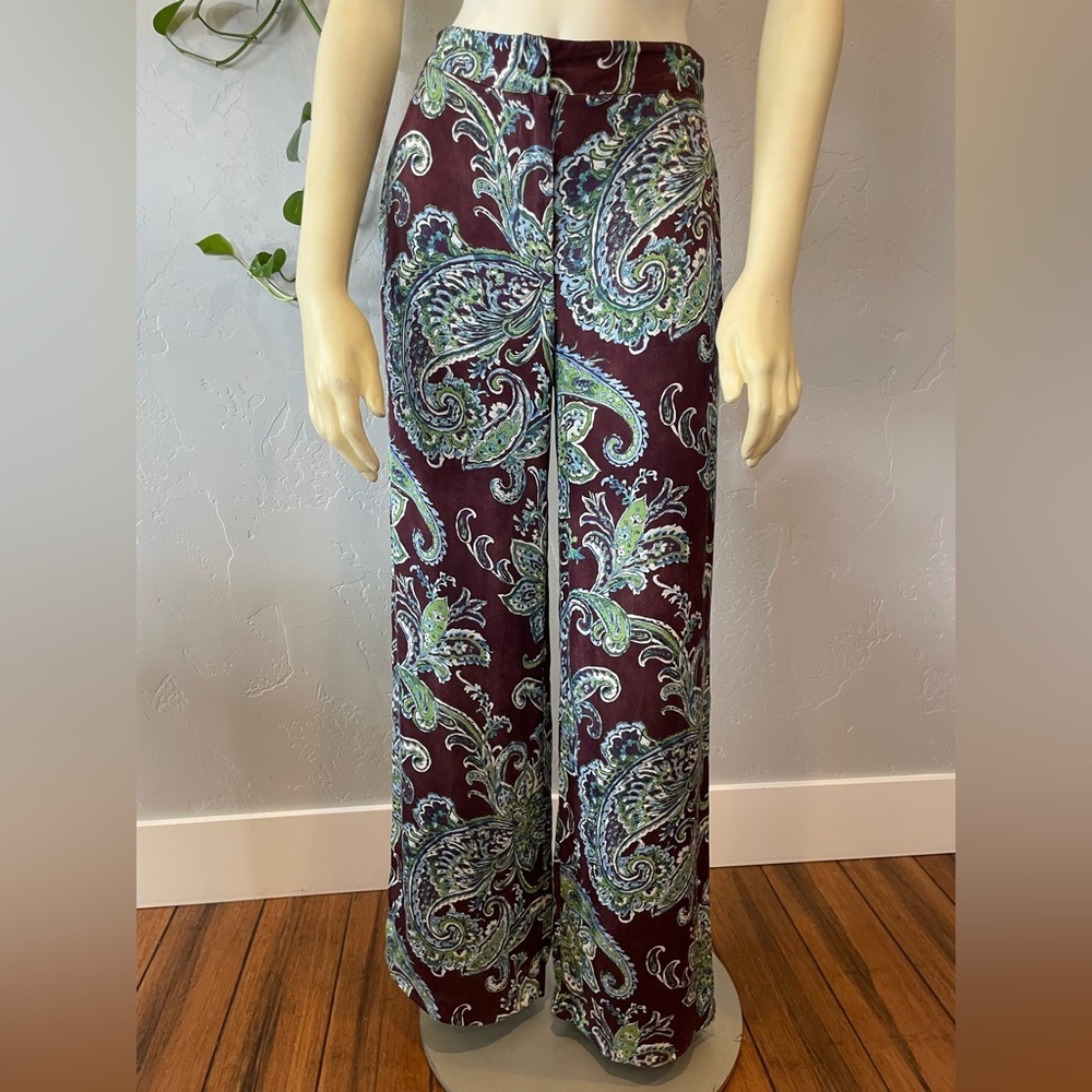 Sisley Burgundy and Green Paisley Wide-Leg Pants size 2